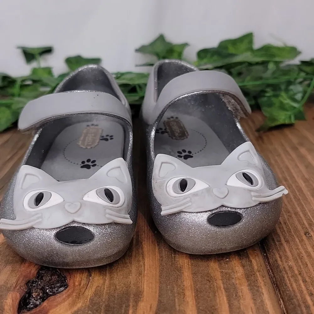 Mini Melissa. Size 8. Kids Glittery Cat Shoes - Gray. EUC